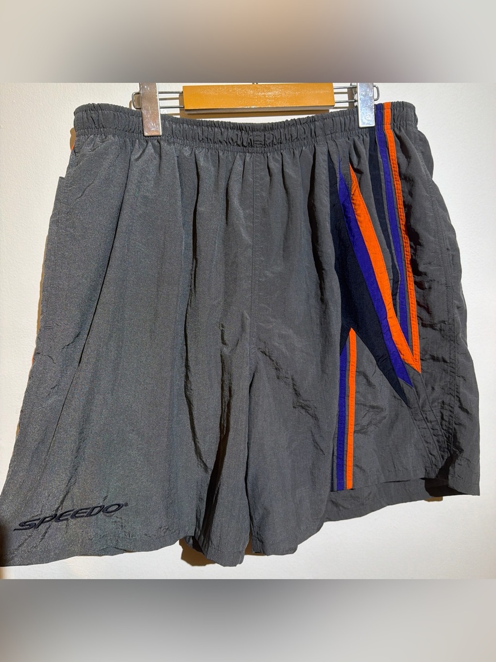 Speedo Men's Charcoal Athletic Shorts with Orange & Royal Blue Stripes